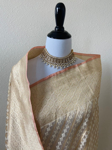 Banarasi Kora Tissue Silk Sari | Alfi Floral Border | Beige | Handwoven | Ships from California